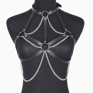 PU Leather Layered Chain Choker Harness